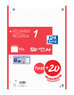RECAMBIO COLOR 1 A4  100+20 HOJAS 5X5 ROJO 90GRS OXFORD 400158162