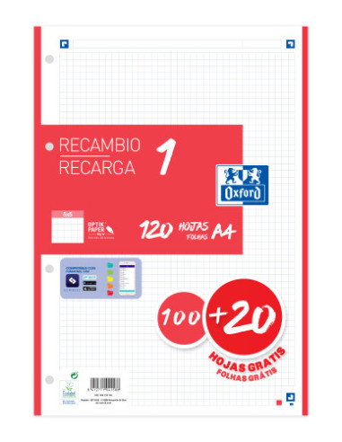 RECAMBIO COLOR 1 A4  100+20 HOJAS 5X5 ROJO 90GRS OXFORD 400158162