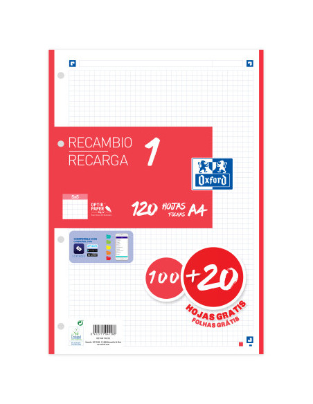 RECAMBIO COLOR 1 A4  100+20 HOJAS 5X5 ROJO 90GRS OXFORD 400158162