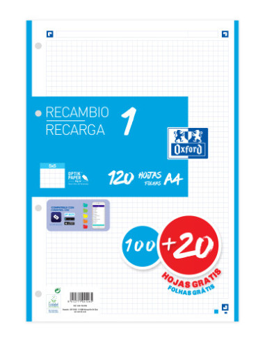 RECAMBIO COLOR 1 A4  100+20 HOJAS 5X5 TURQUESA 90GRS OXFORD 400158058