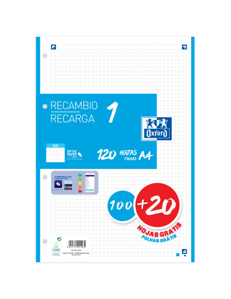 RECAMBIO COLOR 1 A4  100+20 HOJAS 5X5 TURQUESA 90GRS OXFORD 400158058