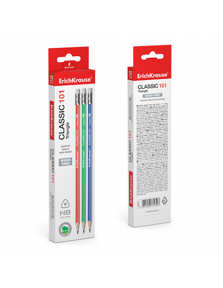 LÁPIZ DE GRAFITO TRIANGULAR CON GOMA CLASSIC TRIANGLULAR 101 HB ERICH KRAUSE 55270
