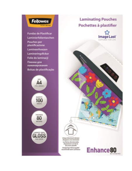 PACK 100 BOLSAS PLASTIFICACION 80 MICRAS A4 216X303 FELLOWES 5306114
