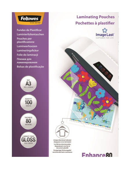 PACK 100 BOLSAS PLASTIFICACION 80 MICRAS A3 303X426 FELLOWES 5306207