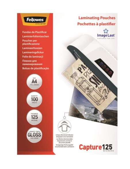 PACK 100 BOLSAS PLASTIFICACION 125 MICRAS A4 216X303 FELLOWES 5307407