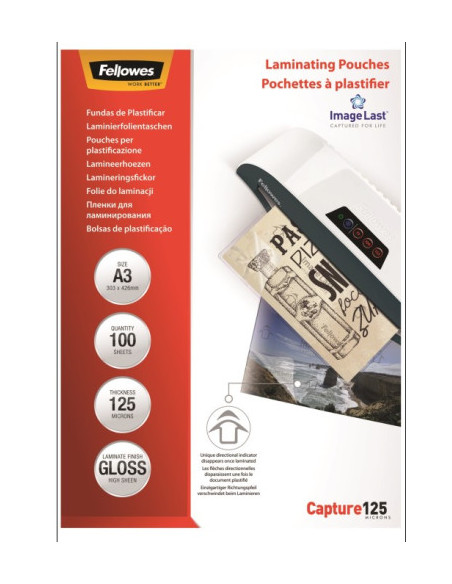 PACK 100 BOLSAS PLASTIFICACION 125 MICRAS A3 303X426 FELLOWES 5307506