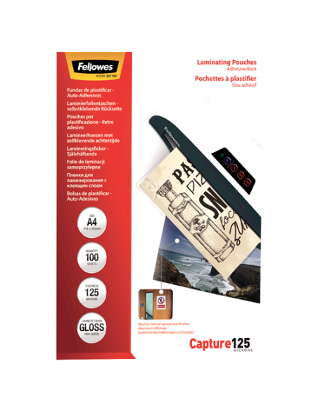 PACK 100 BOLSAS PLASTIFICACION AUTOADHESIVAS 125 MICRAS A4 FELLOWES 5328901