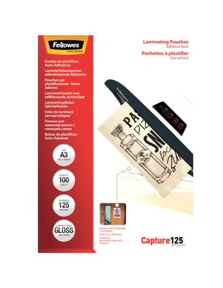 PACK 100 BOLSAS PLASTIFICACION AUTOADHESIVAS 125 MICRAS A3 FELLOWES 5329001