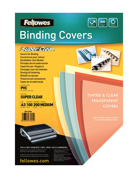 PACK 100 PORTADAS PVC TRANSPARENTE A3 200 MICRAS CRISTAL FELLOWES 53764