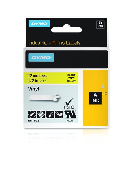 CINTA ROTULADORA RHINOPRO VINILO 12MMX5.5M NEGRO/AMARILLO DYMO 18432