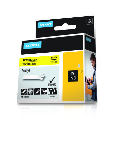 CINTA ROTULADORA DYMO RHINOPRO VINILO 12MMX5.5M NEGRO/AMARILLO  18432
