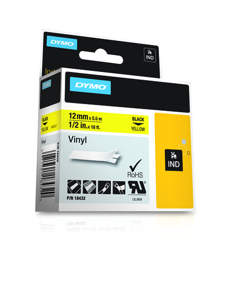 CINTA ROTULADORA DYMO RHINOPRO VINILO 12MMX5.5M NEGRO/AMARILLO  18432
