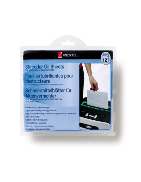 PACK 12 LAMINAS LUBRICANTES PARA DESTRUCTORAS TAMAÑO A5 REXEL 2101948