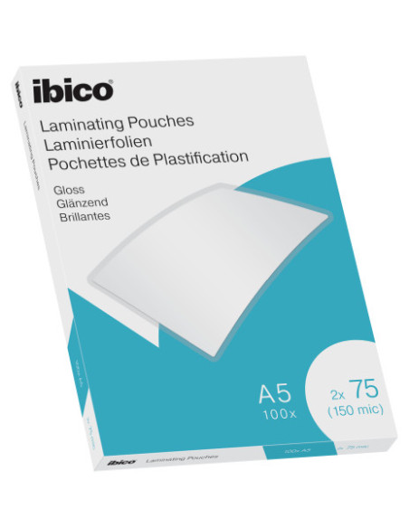 CAJA 100 BOLSAS DE PLASTIFICACION 154X216 A5 BRILLO 75 MICRAS IBICO 627314