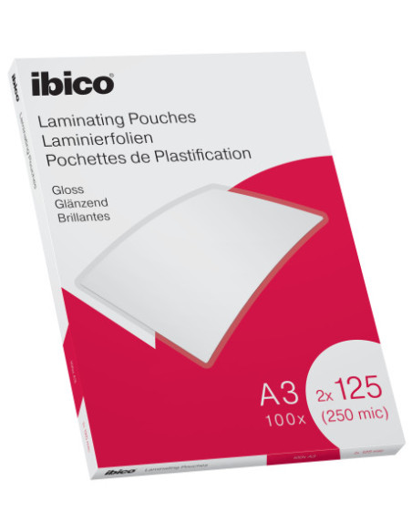 CAJA 100 BOLSAS DE PLASTIFICACION 303X426 A3 BRILLO 125 MICRAS IBICO 627321
