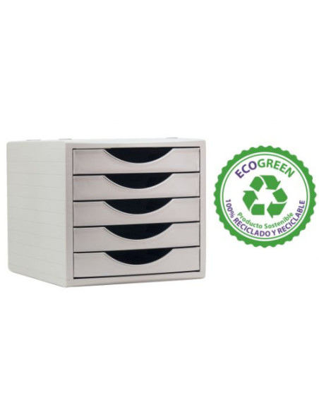 MÓDULO ECOGREEN 5 CAJONES BLANCO 100% RECICLADO Y RECICLABLE DIN A4 FOLIO Y SUBCARPETA MEDIDAS: 340X270X260 MM CARCASA GRIS Y CA