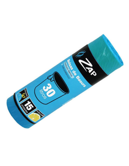 ROLLO 15 UNIDADES BOLSA BASURA AZUL OLOR LIMON 30 LITROS ZAP 320186