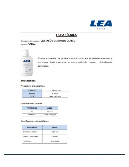 JABÓN DE MANOS DERMO CON DISPENSADOR 500 ML LEA AE545 JABÓN DE MANOS DERMO CON DISPENSADOR 500 ML LEA AE545