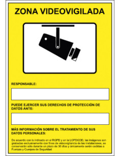 CARTEL SEÑAL HOMOLOGADA AVISO CAMARAS DE VIGILANCIA 24 HORAS 210x297MM PVC AMARILLO ARCHIVO2000 6172-09 AM