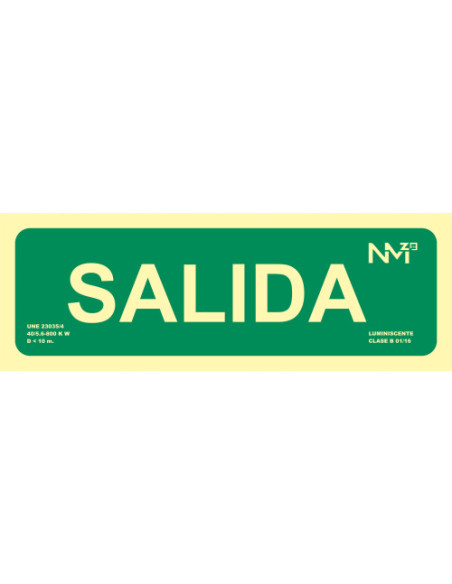 CARTEL SEÑAL "SALIDA" HOMOLOGADA 300X105MM POLIPROPILENO FOTOLUMINISCENTE ARCHIVO2000 6170-22H VE