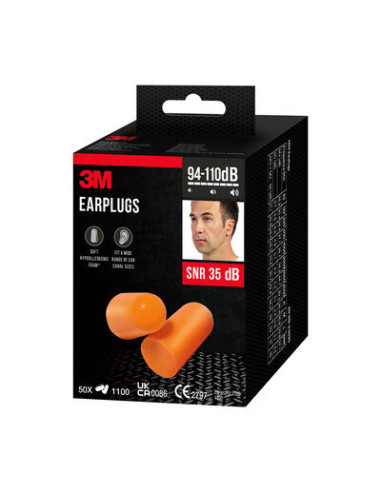 PACK 50 PARES TAPONES OIDO 1100 SNR-35DB EN BOLSAS INDIVIDUALES ESPUMA POLIURETANO 1100-50 3M 7100334748
