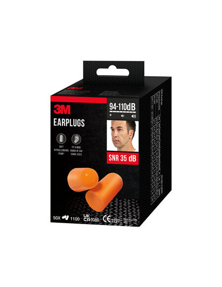 PACK 50 PARES TAPONES OIDO 1100 SNR-35DB EN BOLSAS INDIVIDUALES ESPUMA POLIURETANO 1100-50 3M 7100334748
