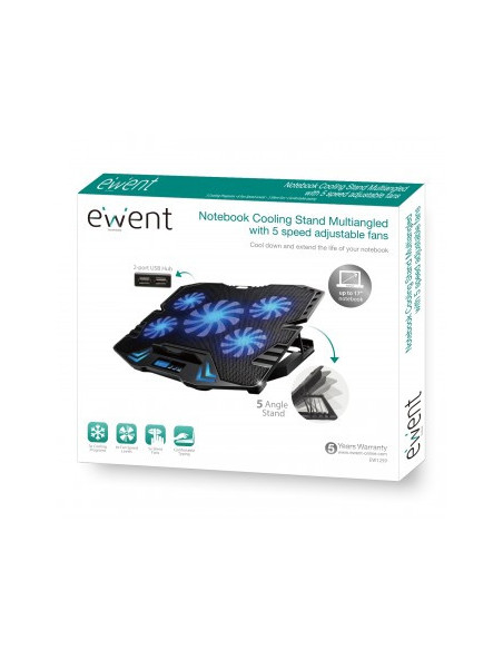 EWENT BASE DE REFRIGERACION PARA PORTATILES HASTA 17" CON 5 VENTILADORES SILENCIOSO + 2 PUERTOS USB + 5 VELOCIDADES DEL VENTILAD