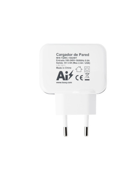 TOOQ CARGADOR TABLET/ SMARTPHONE TQWC-1S02WT. DE PARED. 2 x USB 5V 3.4 A TOTAL. AI TECH. BLANCO