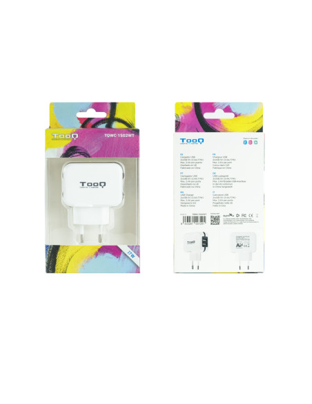 TOOQ CARGADOR TABLET/ SMARTPHONE TQWC-1S02WT. DE PARED. 2 x USB 5V 3.4 A TOTAL. AI TECH. BLANCO