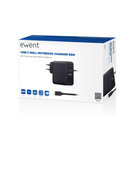 EWENT CARGADOR USB-C CON PUERTO PD (POWER DELIVERY) 65W CON PUERTO EXTRA USB-A
