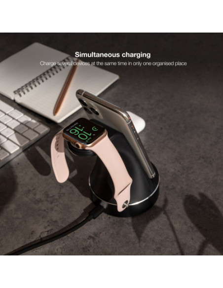 TOOQ SOPORTE BASE DE CARGA INALÁMBRICA PARA APPLE WATCH Y IPHONE/SMARTPHONE, NEGRO