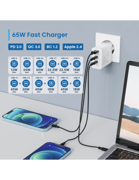 EWENT CARGADOR USB-C Y USB-A, 3 PUERTOS, CARGA RAPIDA DE 65W PARA PORTÁTIL MACBOOK
