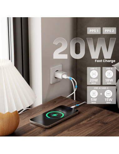 EWENT CARGADOR RAPIDO Q3 DE 20W USB-C Y USB-A