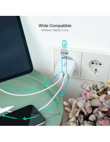 CARGADOR DE PARED USB-C PD 20W, USB-A/QC 18W