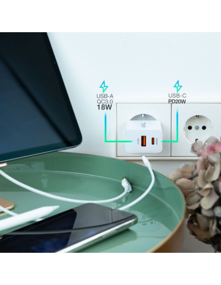 CARGADOR DE PARED USB-C PD 20W, USB-A/QC 18W