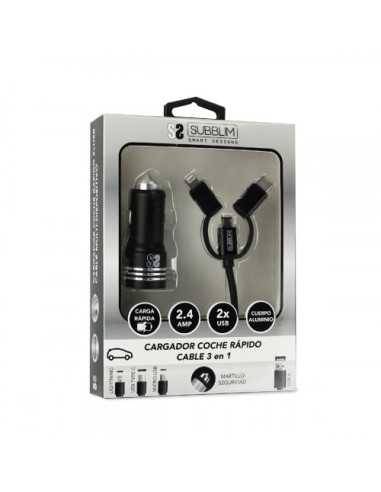 DUAL CAR CHARGER (2.4A) + CABLE 3IN1 BLACK