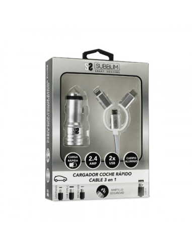 DUAL CAR CHARGER (2.4A) + CABLE 3IN1 WHITE