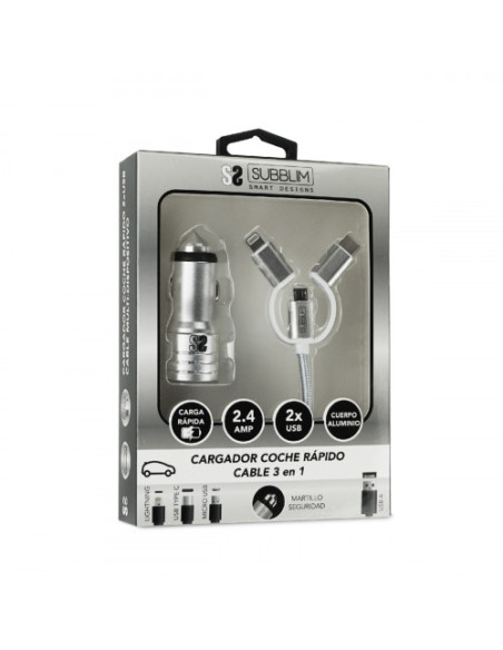 DUAL CAR CHARGER (2.4A) + CABLE 3IN1 WHITE