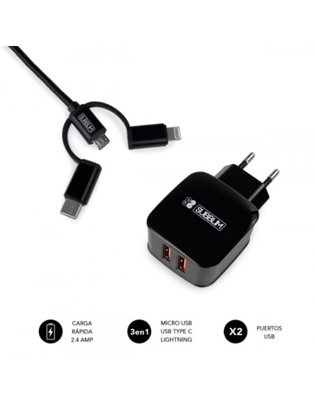 ABS DUAL WALL CHARGER (2.4A) + CABLE 3IN1 BLACK