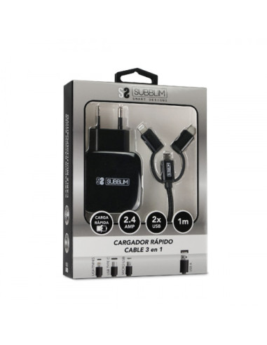 ABS DUAL WALL CHARGER (2.4A) + CABLE 3IN1 BLACK