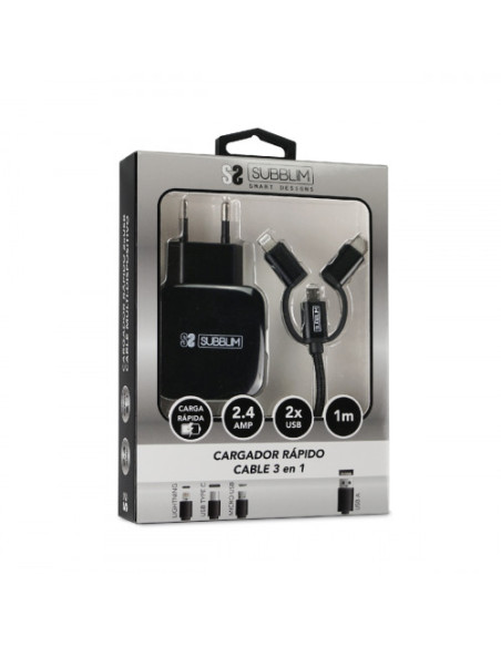 ABS DUAL WALL CHARGER (2.4A) + CABLE 3IN1 BLACK