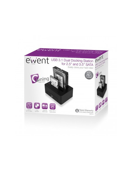 EWENT DOCKING STATION HD. DUAL. FUNCIÓN CLONACIÓN. 2,5" & 3,5". USB 3.1. NEGRO (EW7014)