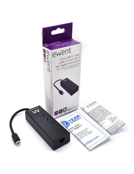 EWENT HUB 3 PUERTOS USB 3.1 GEN1 (USB 3.0) TIPO C CON PUERTO DE RED GIGABIT