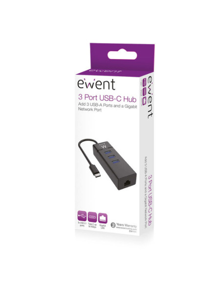 EWENT HUB 3 PUERTOS USB 3.1 GEN1 (USB 3.0) TIPO C CON PUERTO DE RED GIGABIT