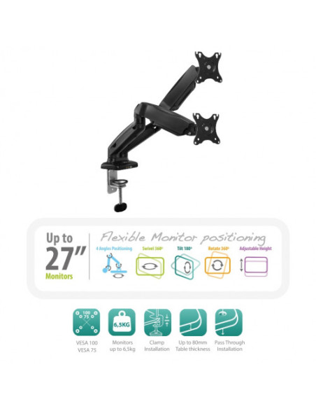 EWENT SOPORTE DE ESCRITORIO CON RESORTE DE GAS PARA 2 MONITORES  HASTA 34” CARGA MÁXIMA 9KG. VESA