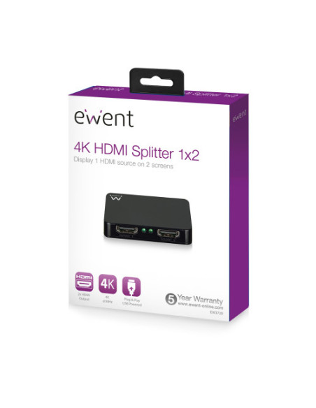 EWENT SPLITTER ACTIVO HDMI  DE 1 A 2, SOORTA 4K A 30Hz ,USB POWERED