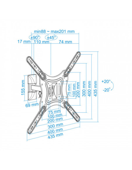 TOOQ SOPORTE PANTALLA. PARED. 400x400. GIRATORIO+INCLINABLE. 23-55". MAX.30KG (LP2255TN-B)