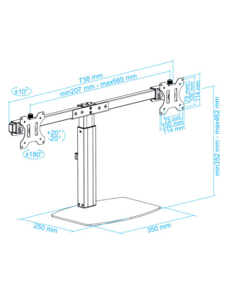 TOOQ SOPORTE 2 PANTALLAS. MESA. 100x100. GIRATORIO+INCLINABLE. 17"-27". MAX.6KG. NEGRO (DB1727TN-B)