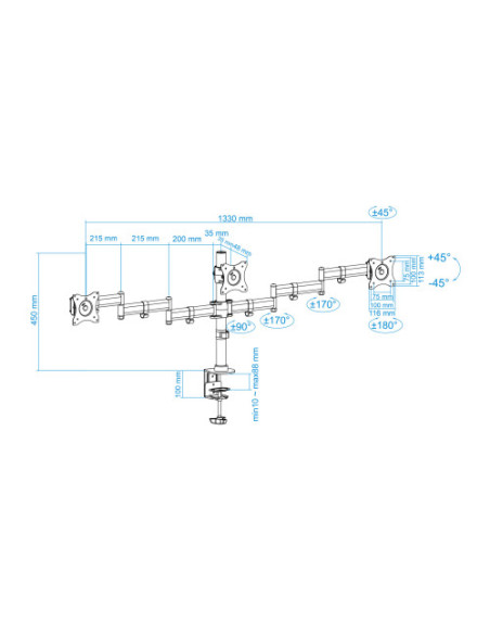TOOQ SOPORTE 3 PANTALLAS. MESA. 75x75 100x100. 13"-27". MAX.8KG CADA BRAZO. NEGRO (DB1327TN-B)