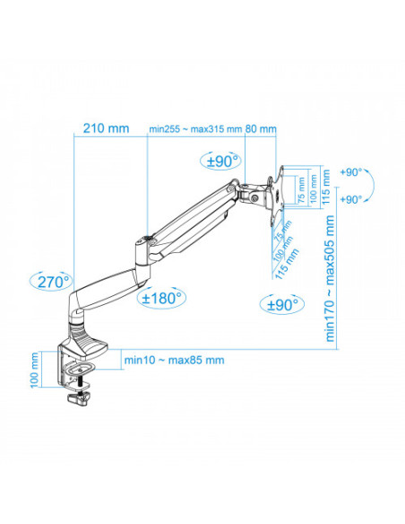 TOOQ SOPORTE PANTALLA. MESA. 100x100. GIRATORIO+INCLINABLE. 13-32". MAX.9 KG. PLATA (DB3032TNR-S)
